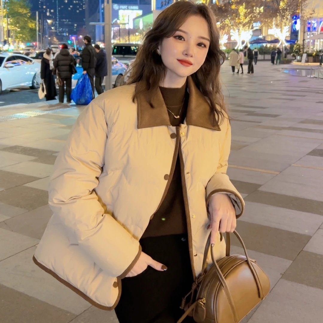 羽绒服女冬季短款2024新款灯芯绒翻领小个子90白鸭绒外套