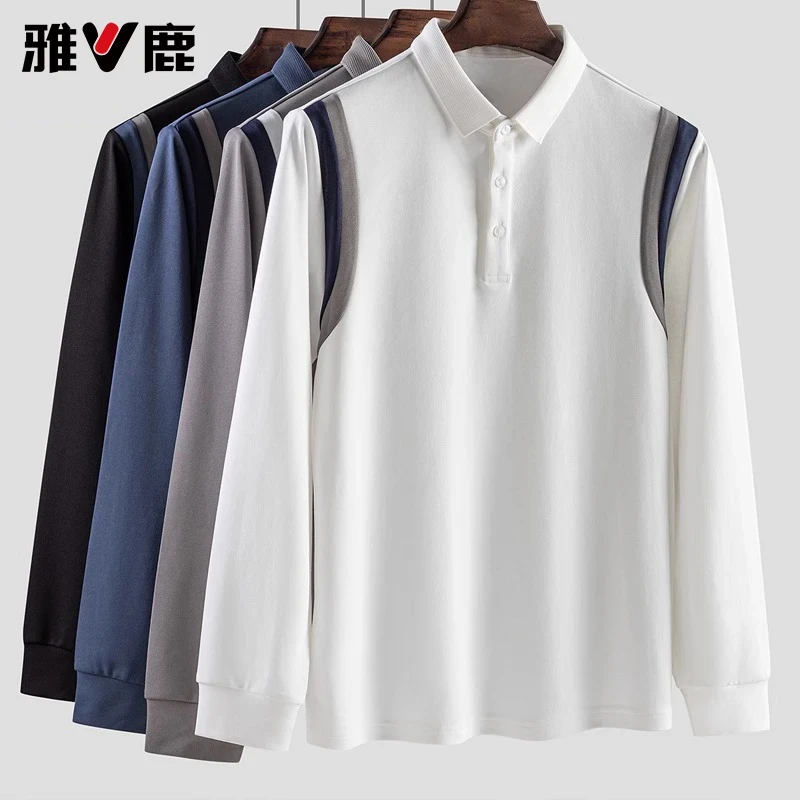 雅鹿男士半开襟POLO衫桑蚕丝棉撞色拼接商务翻领休闲百搭T恤37180