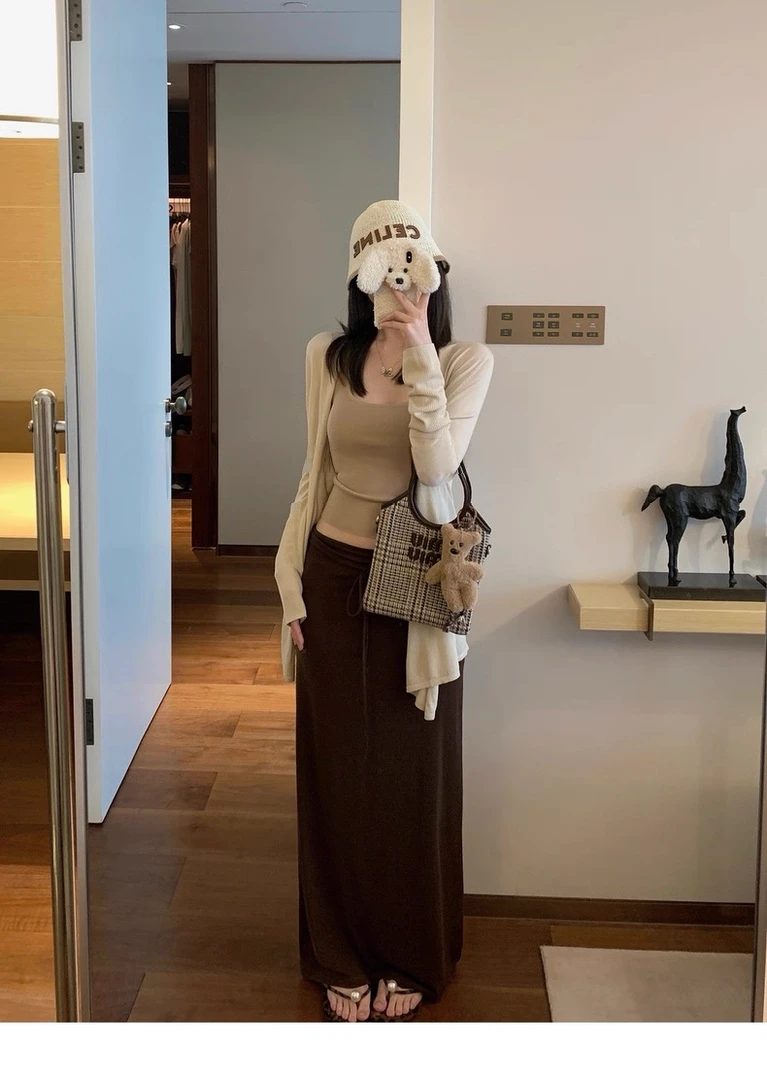 冰感丝滑防晒松弛开衫内搭背心慵懒休闲半身裙套装