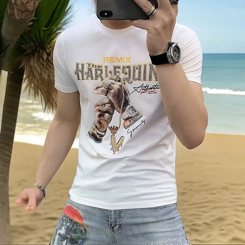 埃卢涅芬短袖男夏季潮牌欧货纯棉烫钻体恤潮流修身印花男士T恤