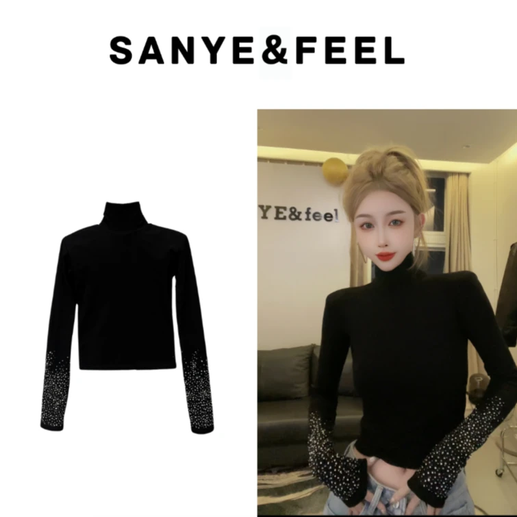 【妍三也】63015秋冬新款加绒加厚袖子烫钻打底上衣YX