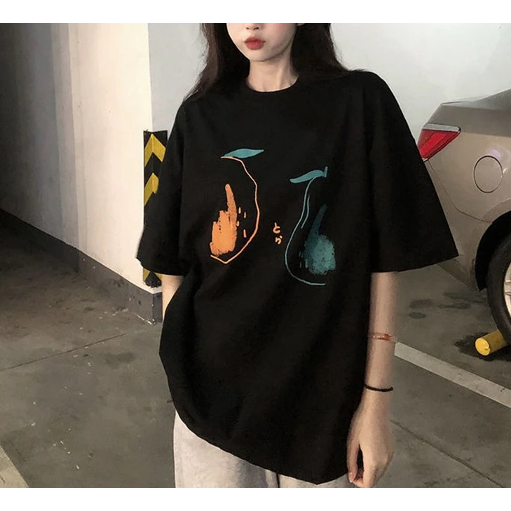 2025新款黑色宽松大版短袖T恤女夏季休闲学生oversize中长款上衣