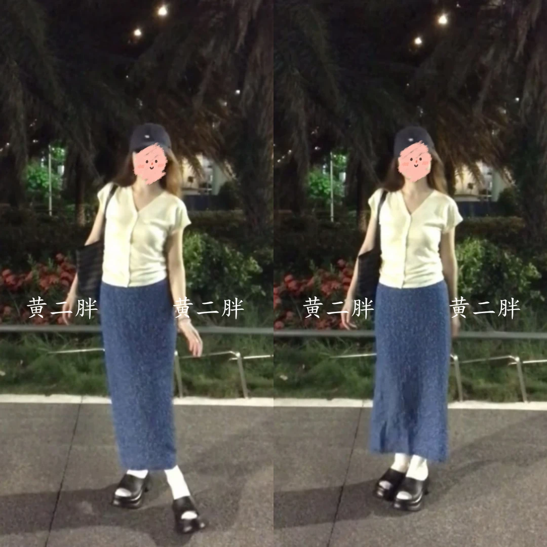 韩系V领纽扣短袖开衫T恤女蓝色碎花高腰半身裙两件套2025夏季新款