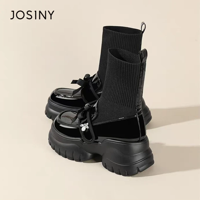 卓诗尼休闲风圆头显瘦休闲女2025冬季新款蝴蝶结黑色中筒女靴筒靴