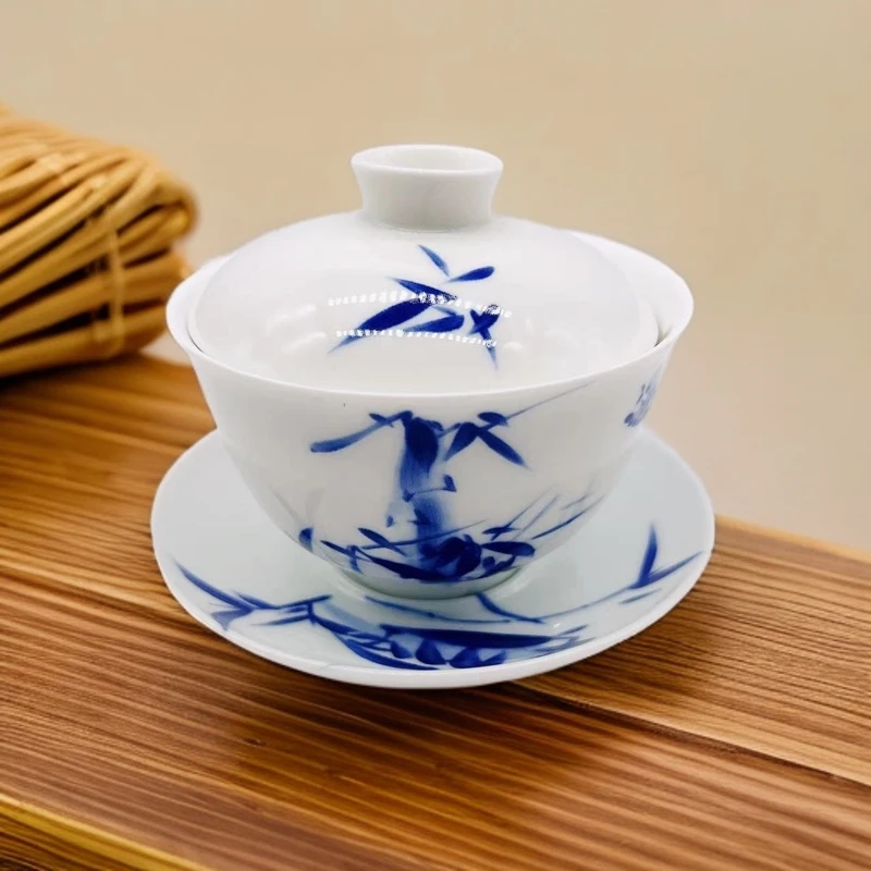 【窑口尾单】竹叶青手工骨瓷白瓷三才盖碗茶具微瑕窑点无磕无碰介意