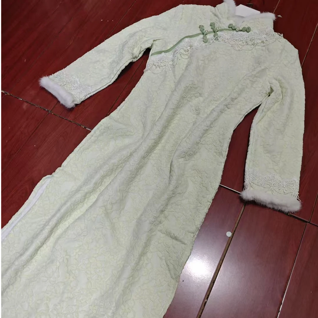 恬子梦 T656 冬季新款 迎春绿 裙长110 加绒加厚长袖旗袍
