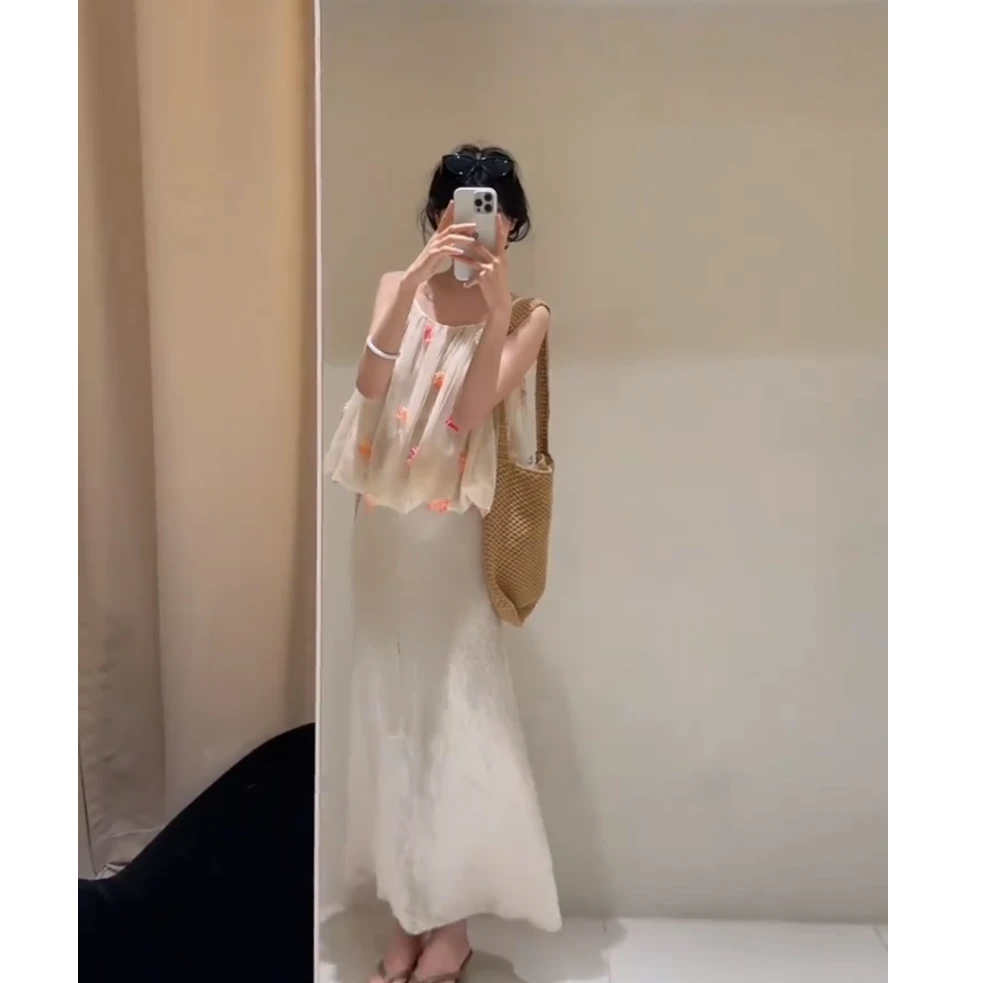 夏季海边度假温柔扎染立体花朵网纱吊带衫半身裙套装气质两件套