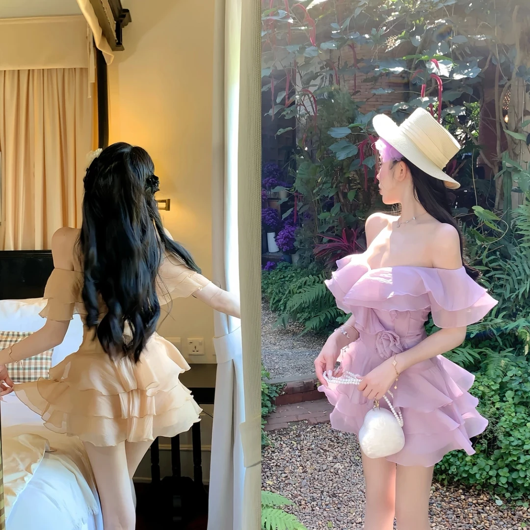 大码法式春季温柔风一字荷叶边蛋糕连衣裙纯欲风海边度假裙10796