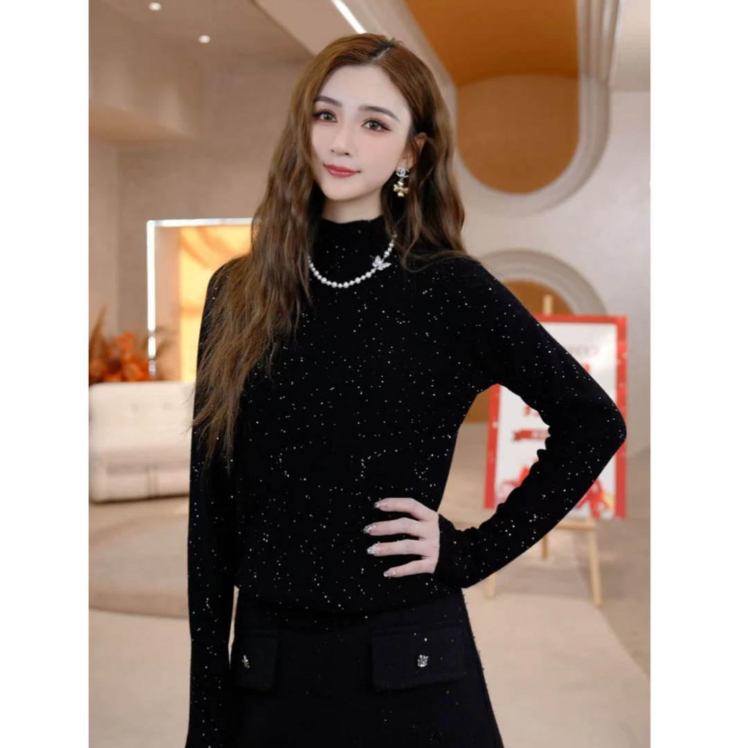 COCO BECCI【朦胧月光】100绵羊毛半高领细闪珠片针织衫CFJJD253031