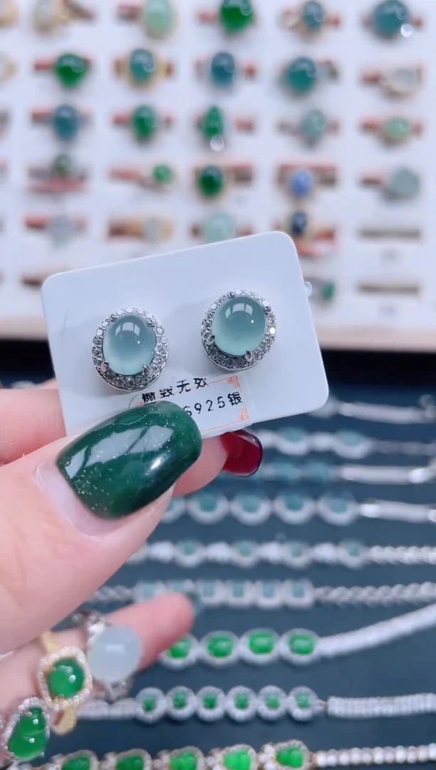 银S925镶嵌翡翠耳饰天然翡翠