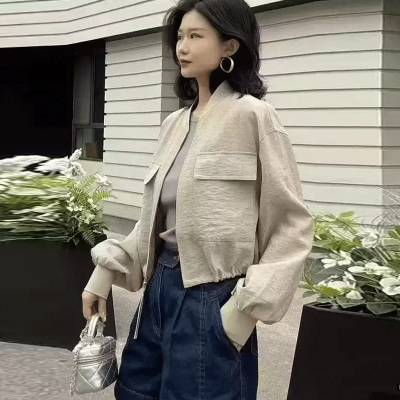 哥弟阿玛施正2025秋装新款法式亚麻立领拉链短款外套女宽松百搭潮