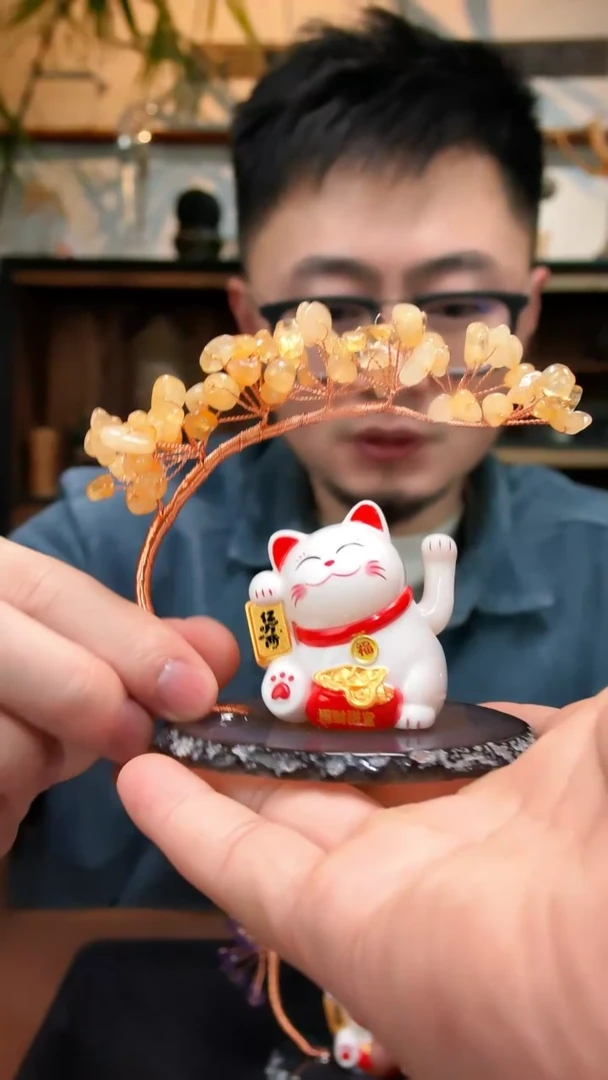水晶摆件未镶嵌黄水晶树招财猫摆件DN