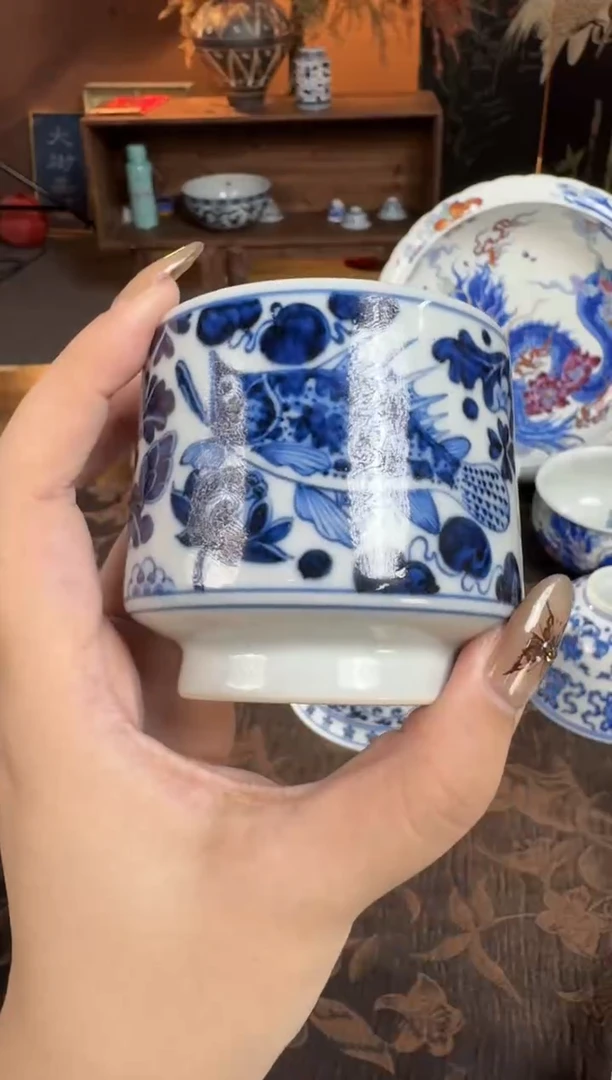 杯子J****d刘建锋窑青花鱼藻直口杯