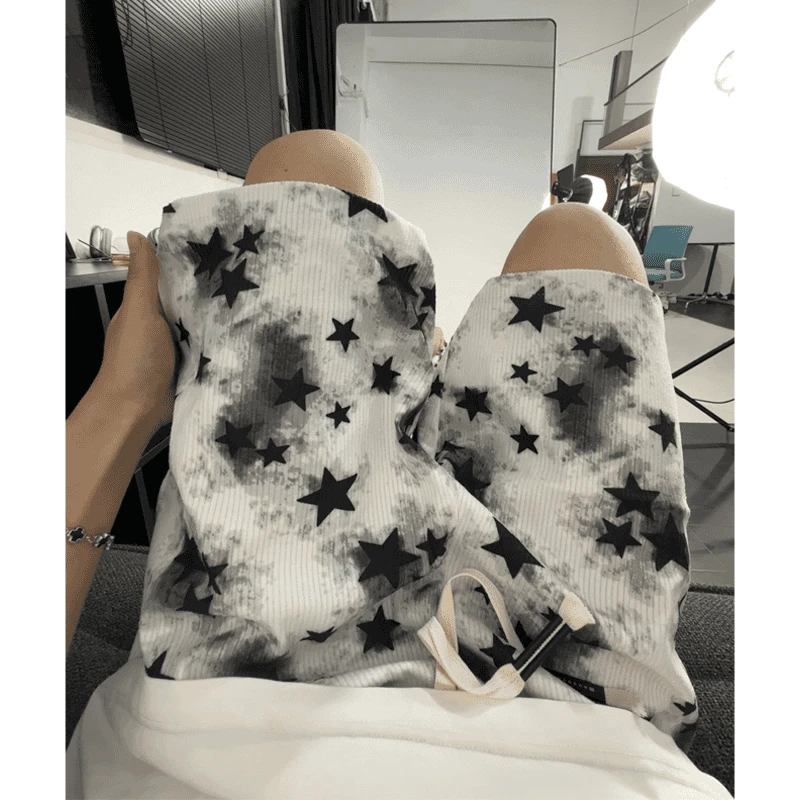 OJXR扎染复古白色短裤美式五角星短裤印花薄款夏季宽松五分裤子潮