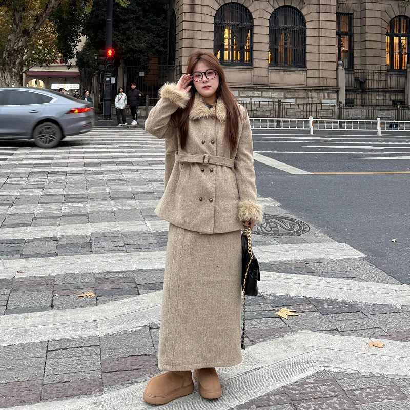 敏敏&南岛风大码女装毛毛加绒加厚外套冬宽松显瘦半裙套装ZYY1304