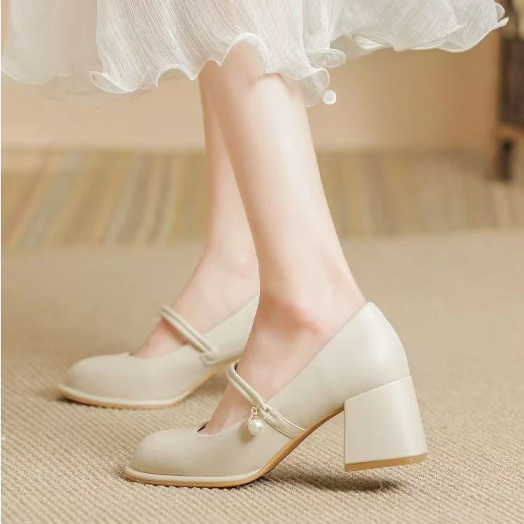 旗袍鞋子玛丽珍单鞋女2025新款仙女粗跟高跟鞋软皮晚晚温柔伴娘鞋