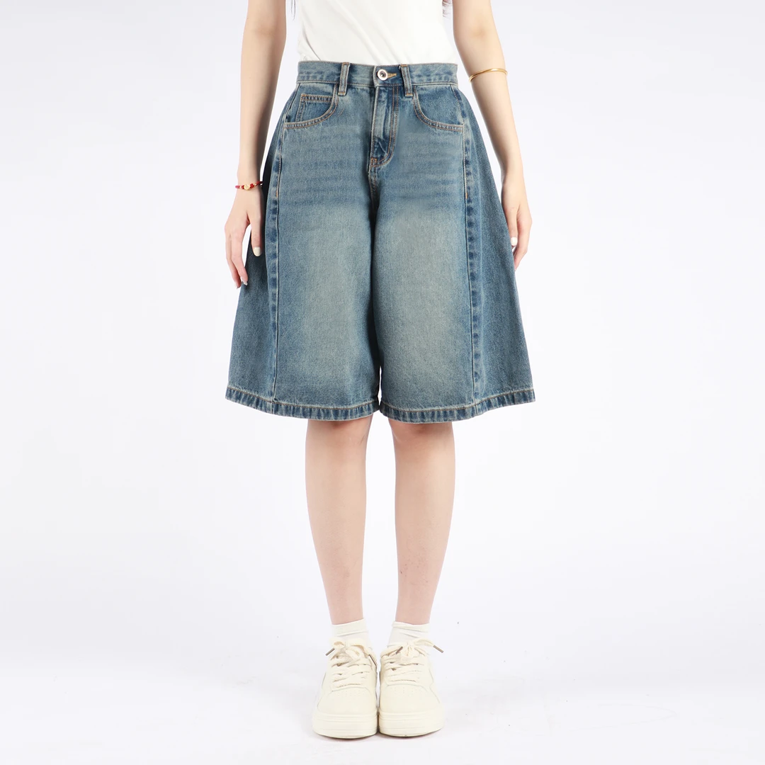 女士夏季薄款宽松五分牛仔短裤高腰潮流做旧女牛仔裤阔腿裤LJ836W
