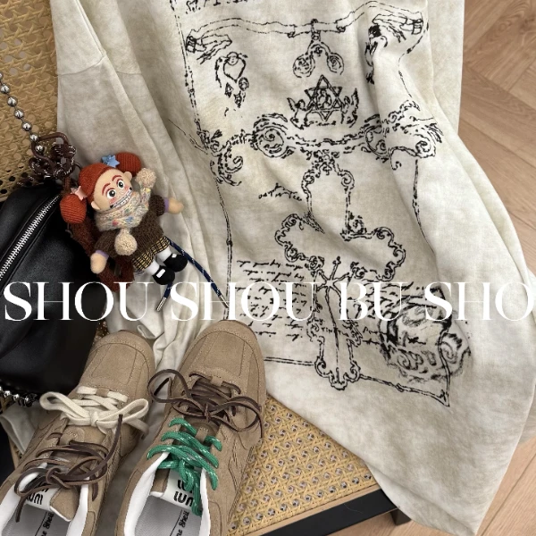 【瘦瘦】美式街头-大码春秋圆领印花显瘦复古工艺染长袖T S01315