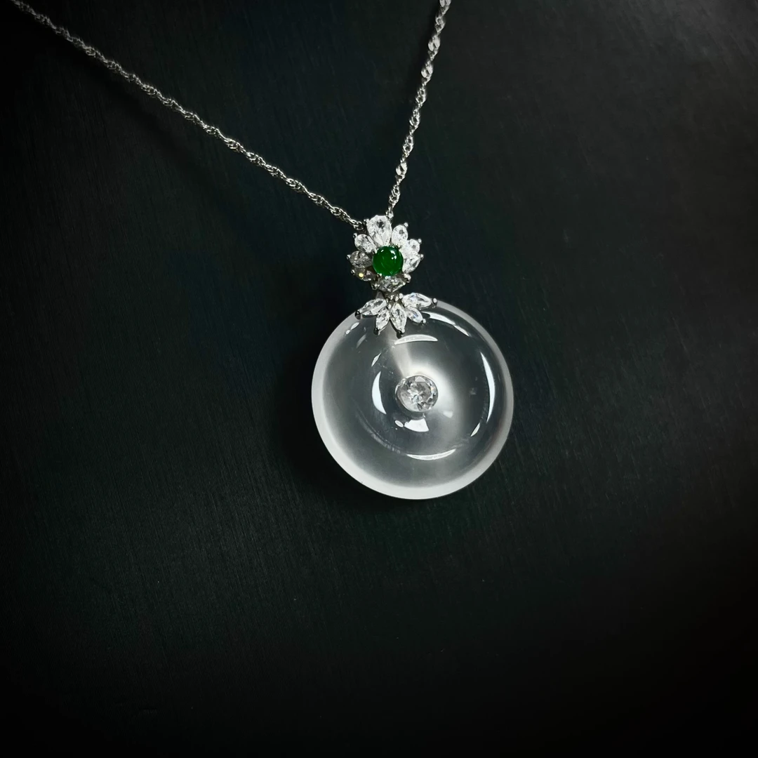 S925银镶俄料天然石英质玉平安扣吊坠女士