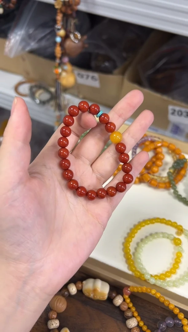 未镶嵌蜜蜡手链柿子红玛瑙蜜蜡顶珠手串[1239]