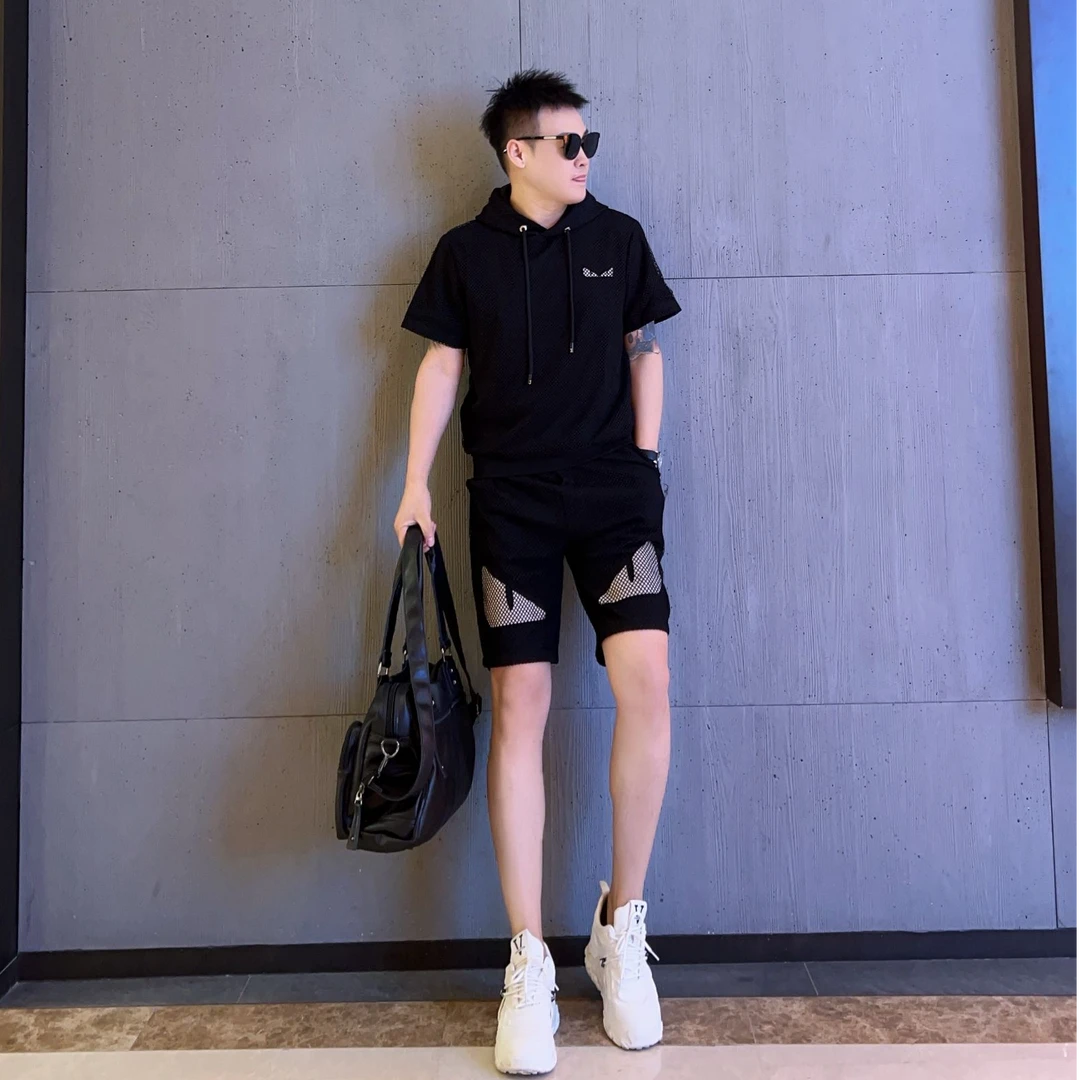 夏季套装男士新款简约个性连帽短袖短裤两件套潮流百搭休闲一整套