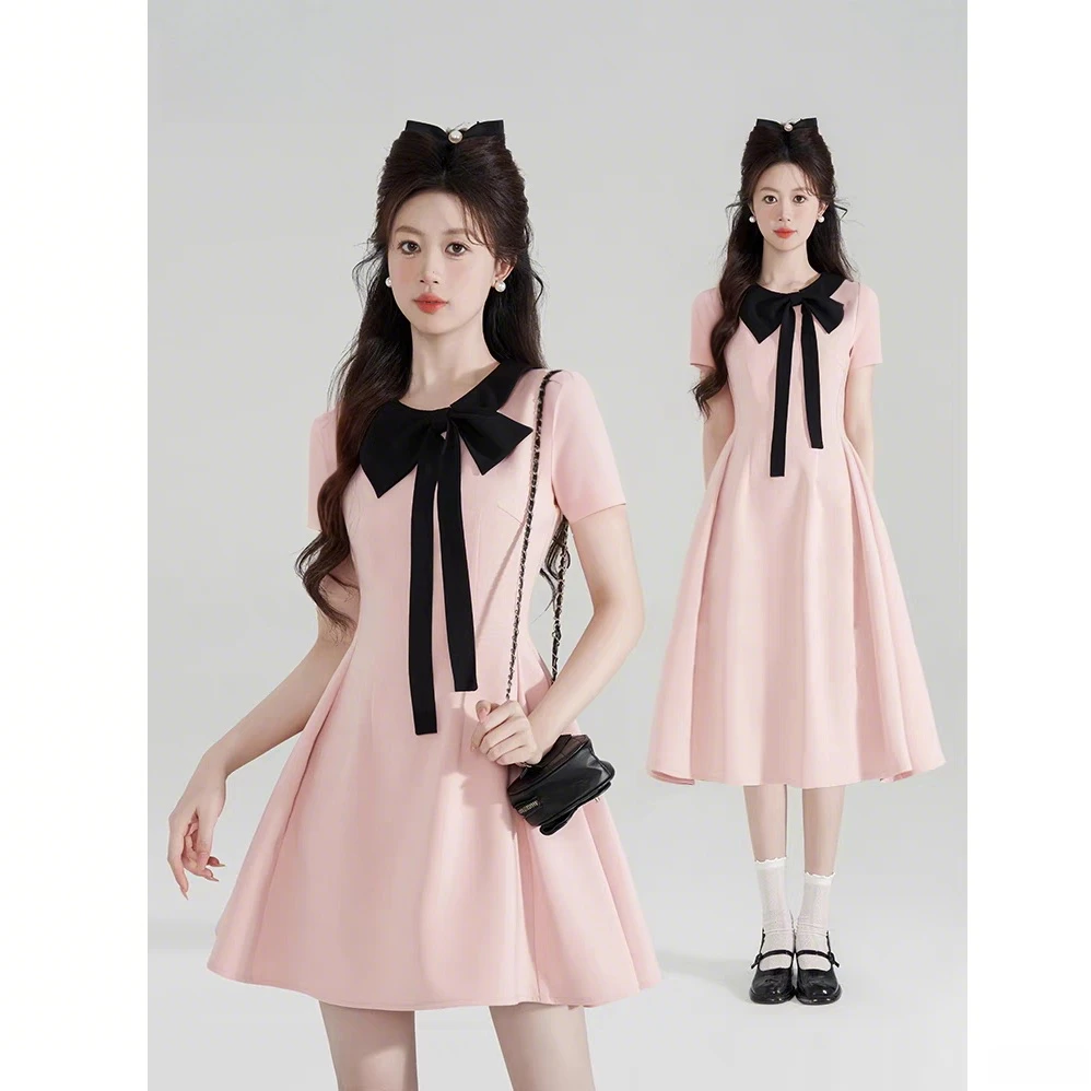 大码女装小香风粉色蝴蝶结挂脖连衣裙女千金风裙子11580