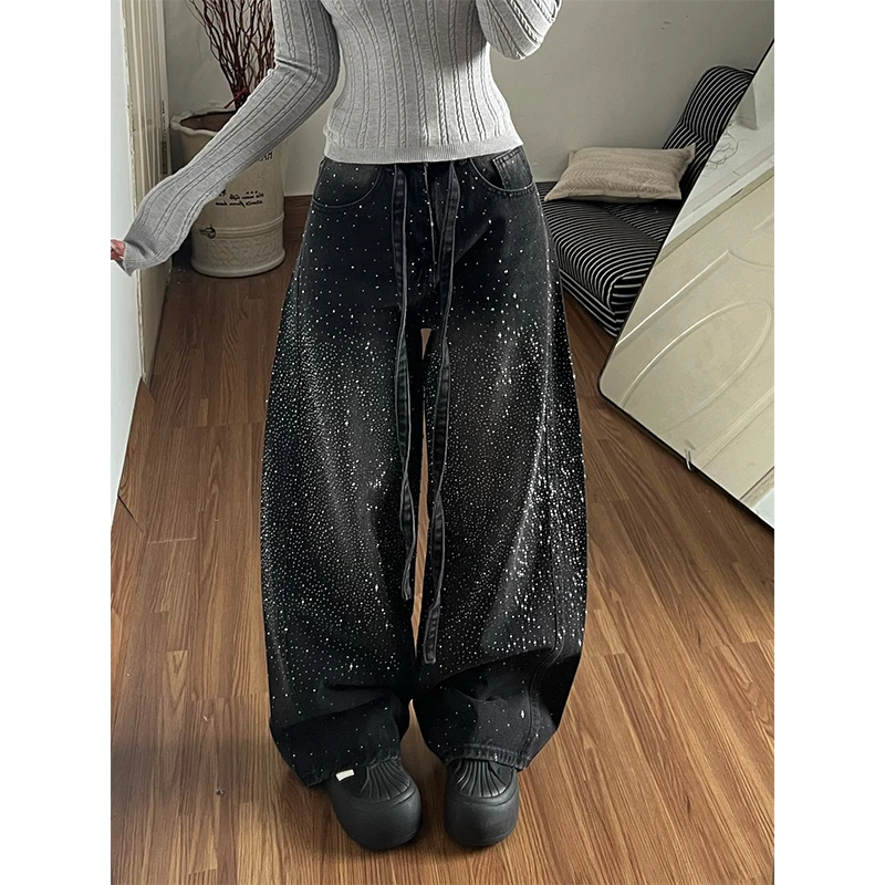 美式重工满天星烫钻爆闪牛仔裤女2025秋冬宽松阔腿弯刀裤拖地长裤