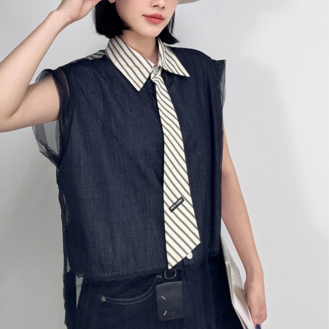 197领带衬衣#设计感网纱拼接POLO领无袖衬衫夏季新款休闲百搭上衣