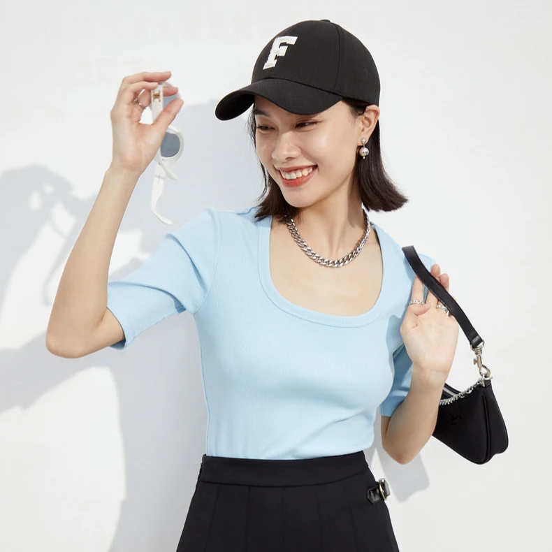 【达人专属】修身正肩截短U领短袖T恤女FM00494M2