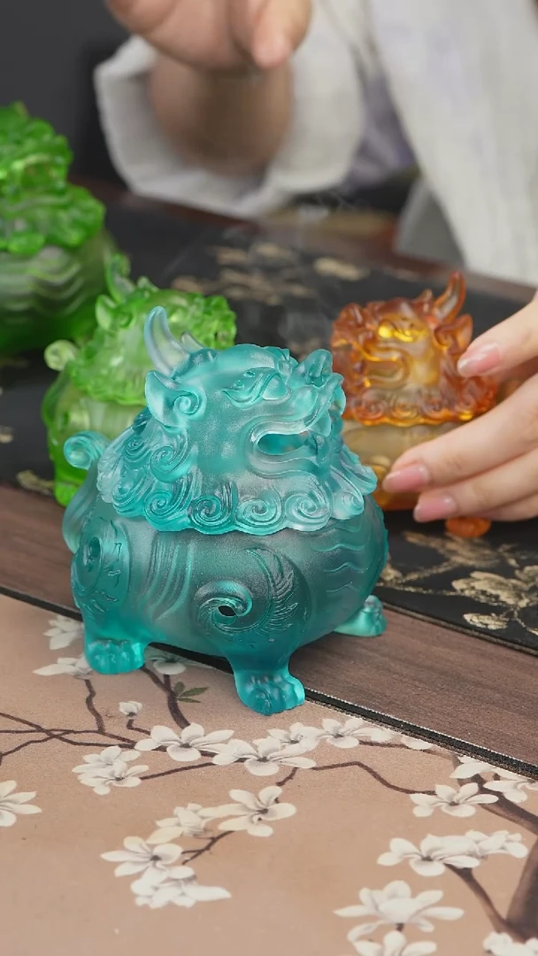 手工艺品琉璃蓝色狻猊香炉中号