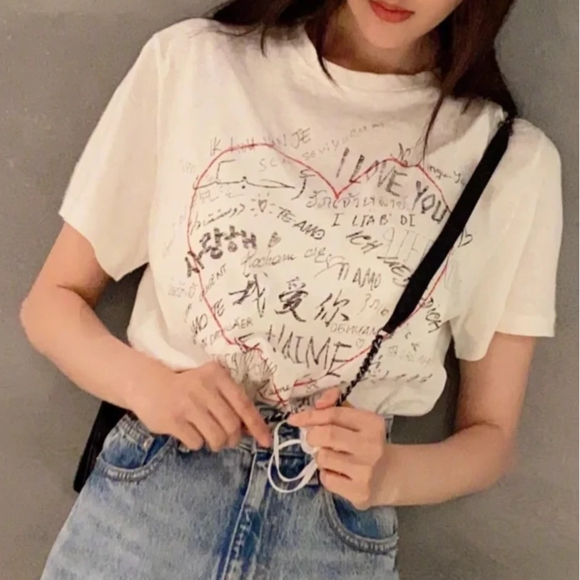 未使用 DIOR/迪奥 迪奥女士情人节爱心牛仔休闲白色T恤ins115053