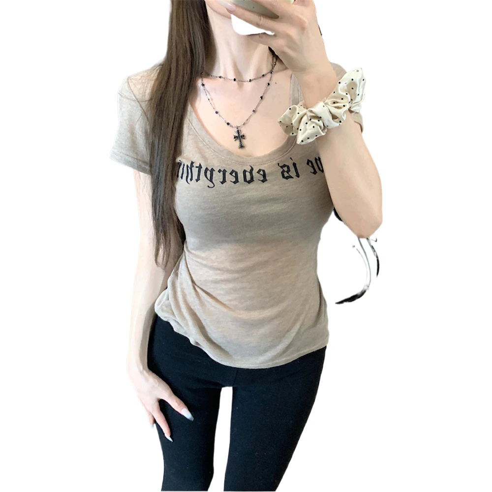 字母爱心印花v领短袖T恤女夏修身内搭辣妹短款上衣夏季百搭时尚显