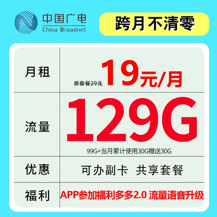 中国广电全国通用手机卡大流量卡5G套餐电话卡19元200G通用流量