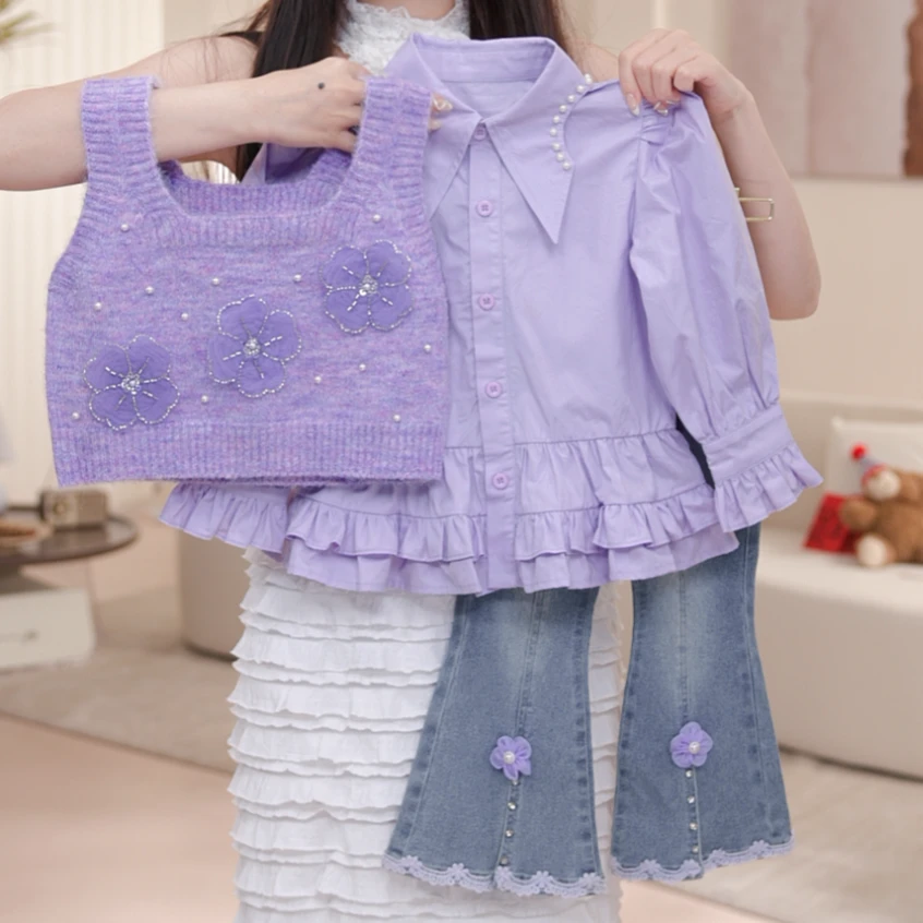 【紫桉】女童秋季欧若风套头少女风春秋套装女孩马甲三件套QD50112