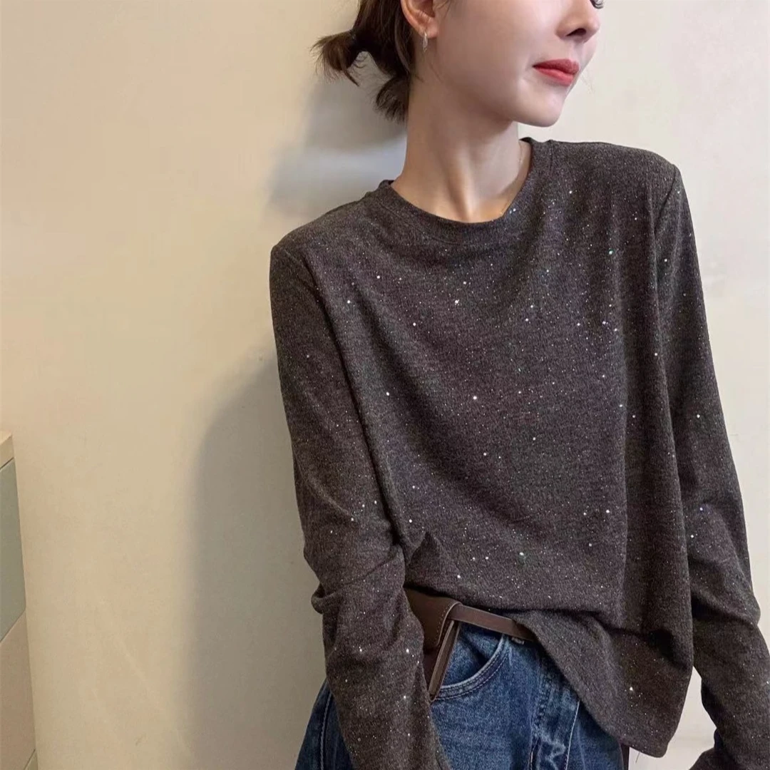 HMY 30985早秋时尚百搭圆领长袖T恤女韩系高级亮片针织打底衫上衣