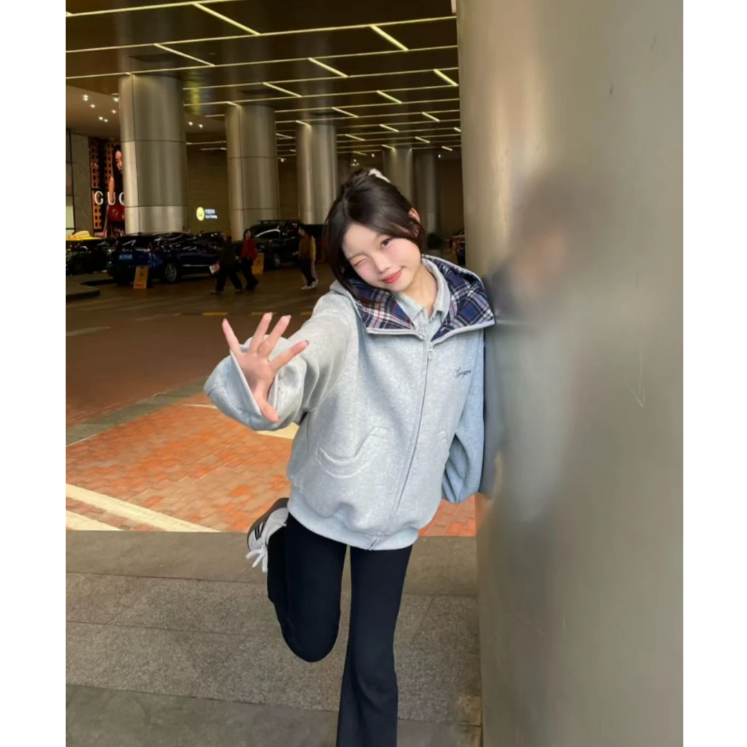 美式格纹拼接连帽开衫卫衣女秋冬季新款潮流字母刺绣重磅纯棉外套