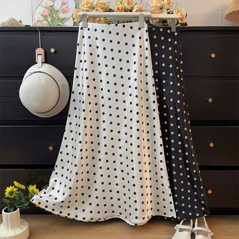 优雅醋酸波点鱼尾长裙女春季款气质高腰显瘦垂感a字包臀半身裙