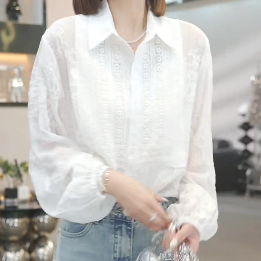 【钻石姐专享】设计感蕾丝刺绣polo领衬衫女2025早春新款时尚衬衣