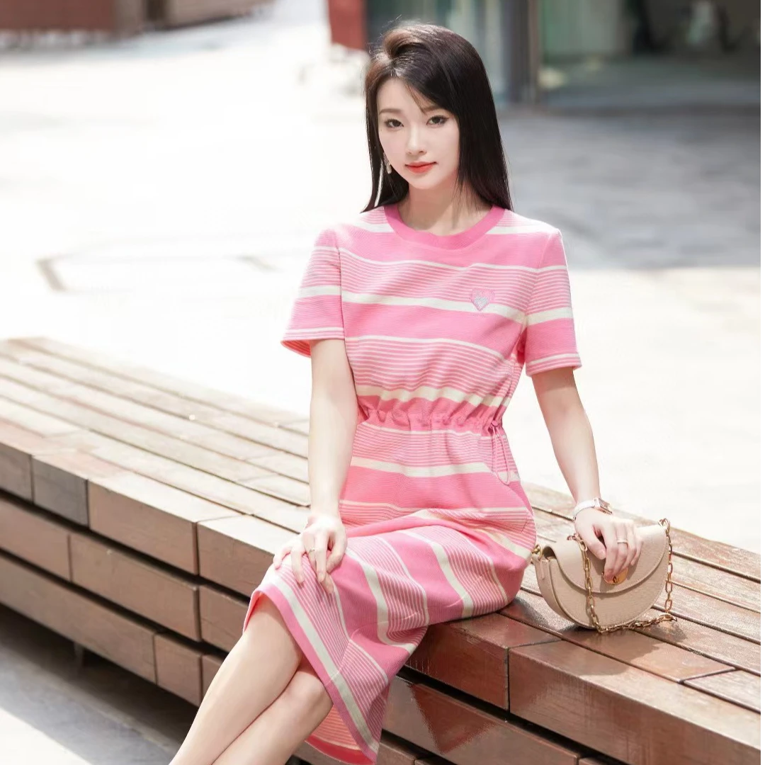 ToyzY夏新款多巴胺间色时尚条纹抽绳松紧腰连衣裙女ZC34205490