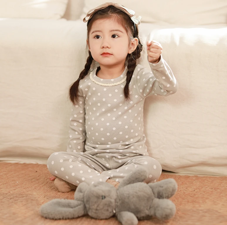 A13 儿童秋衣套装  灰色波点 【280克棉】