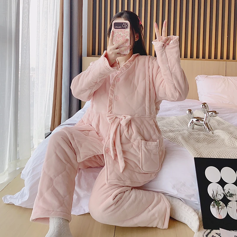 婴儿绒孕妇睡衣秋冬款月子服产后加厚三层夹棉保暖哺乳喂奶家居服