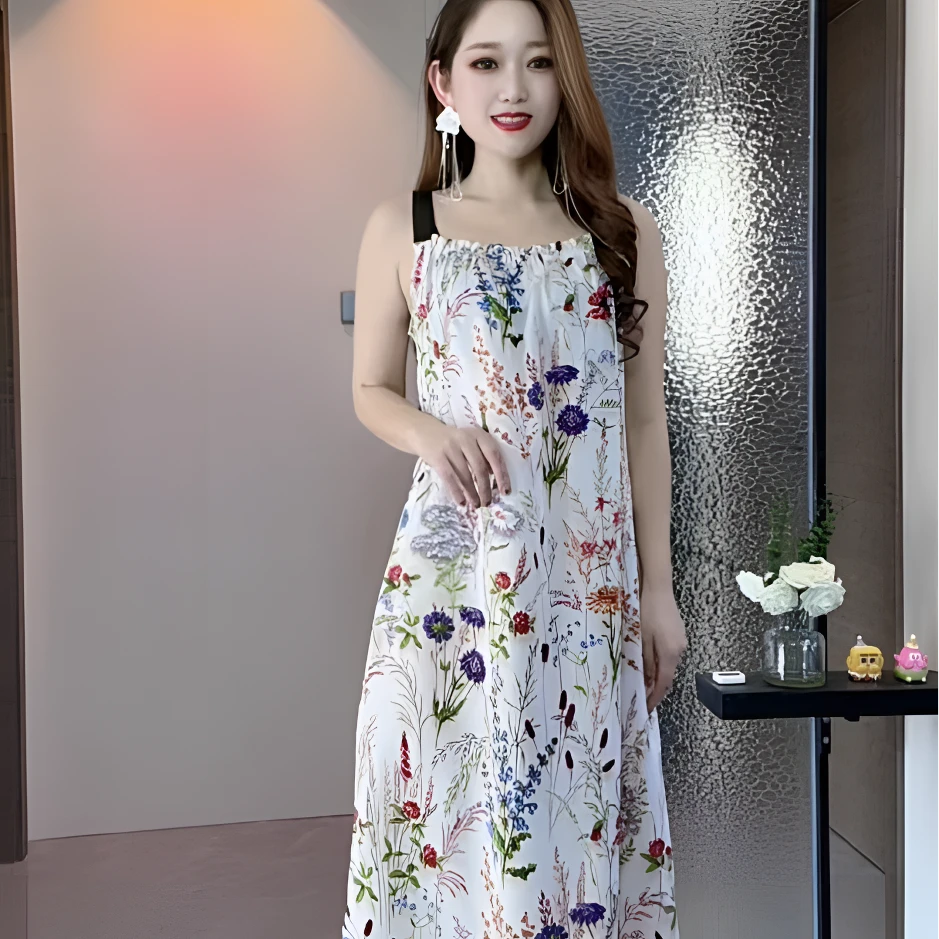夏季女装连衣裙女中长款吊带裙气质时尚法式显瘦印花连衣裙碎花