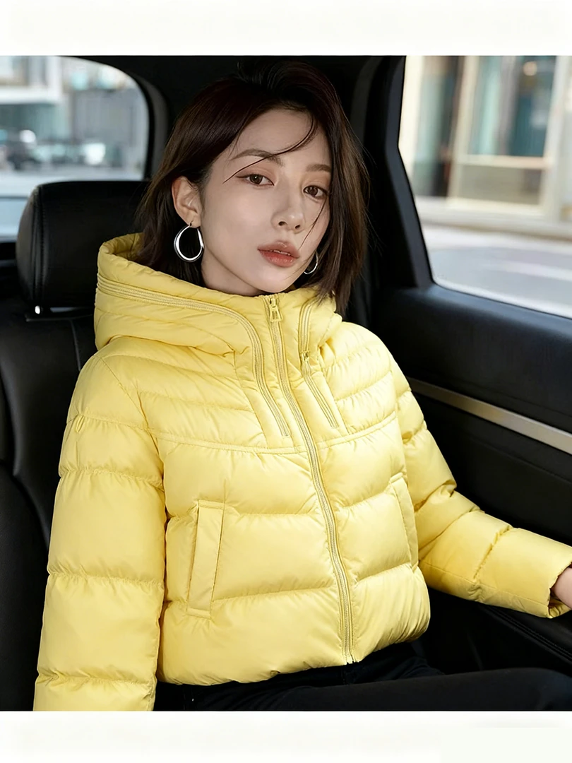 韩版双拉链连帽黄色棉服秋冬新款时尚小个子宽松百搭加厚外套女
