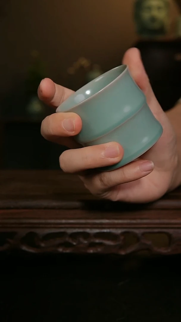 茶器仿古手工军绿竹节杯
