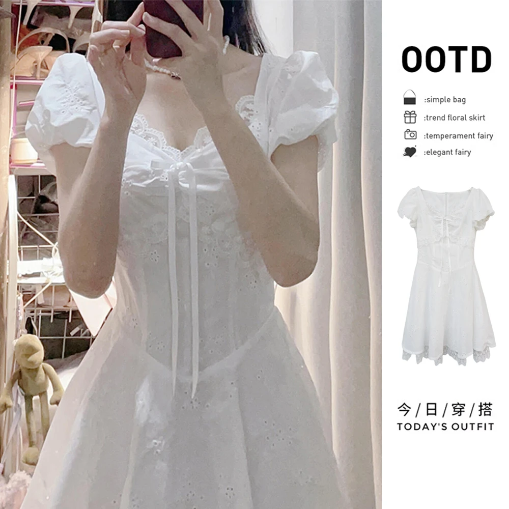 法式蕾丝泡泡袖白色连衣裙子女夏季2025年新款小个子收腰a字短裙