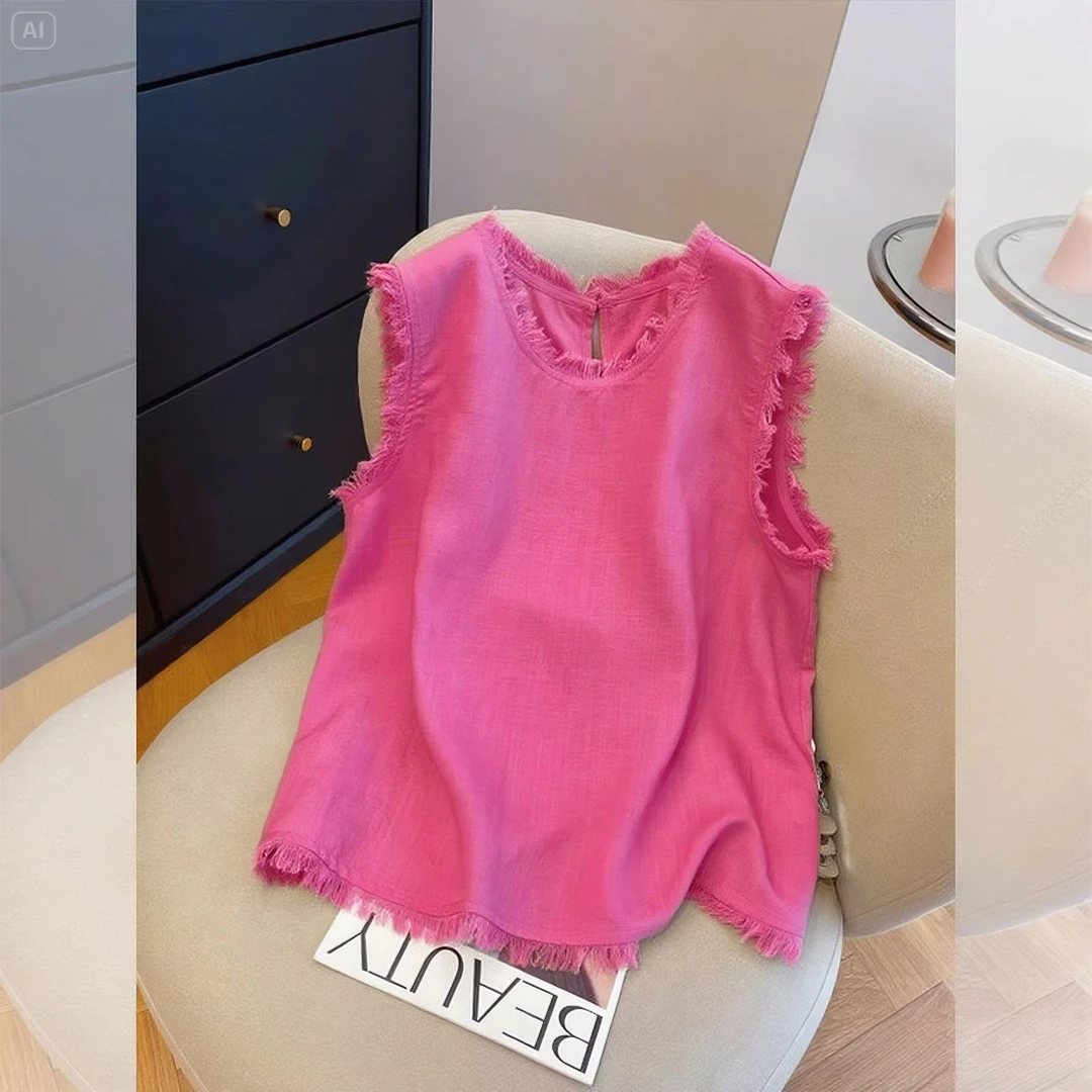 树莓粉高级感流苏无袖衬衫女夏2025新款独特漂亮慵懒穿搭背心上衣
