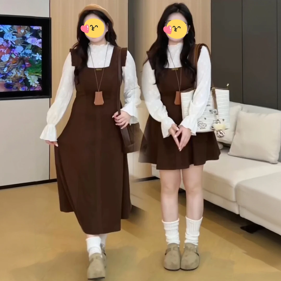 大码微胖减龄蕾丝背心连衣裙女2025新款秋季胖MM遮肚显瘦裙子套装