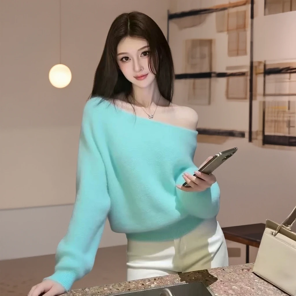 秋冬新款时尚气质一字肩高级设计感超好看温柔风针织毛衣女上衣潮