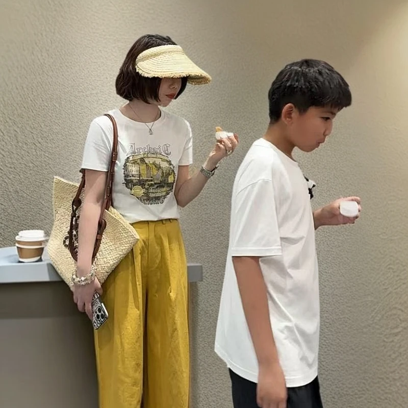 玳妮【落日古城T】夏季圆领欧美风字母提花上衣弹力休闲时尚半袖T恤