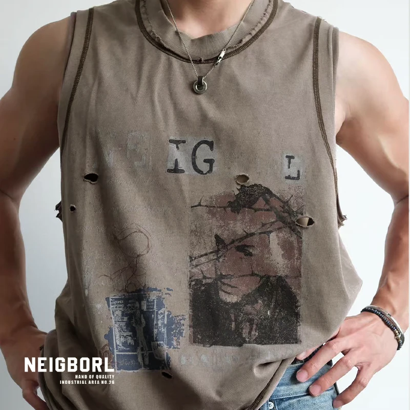 【疯人院】NEIGBORL钊叔制做旧洗水破洞纯棉印花夏季休闲无袖背心